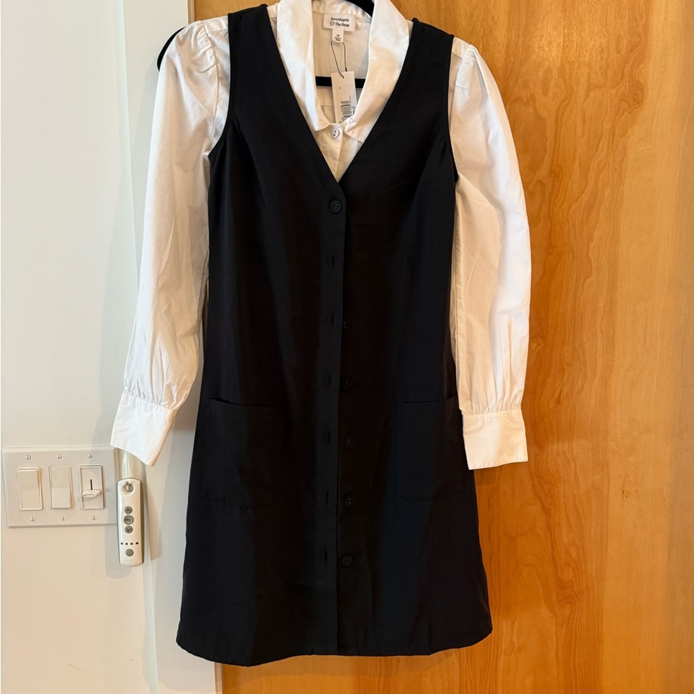 Black V-Neck Button-Front Mini Dress with White Blouse Layering